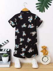 2pcs Boys Bear Print Short Sleeves Shirt & Shorts Set