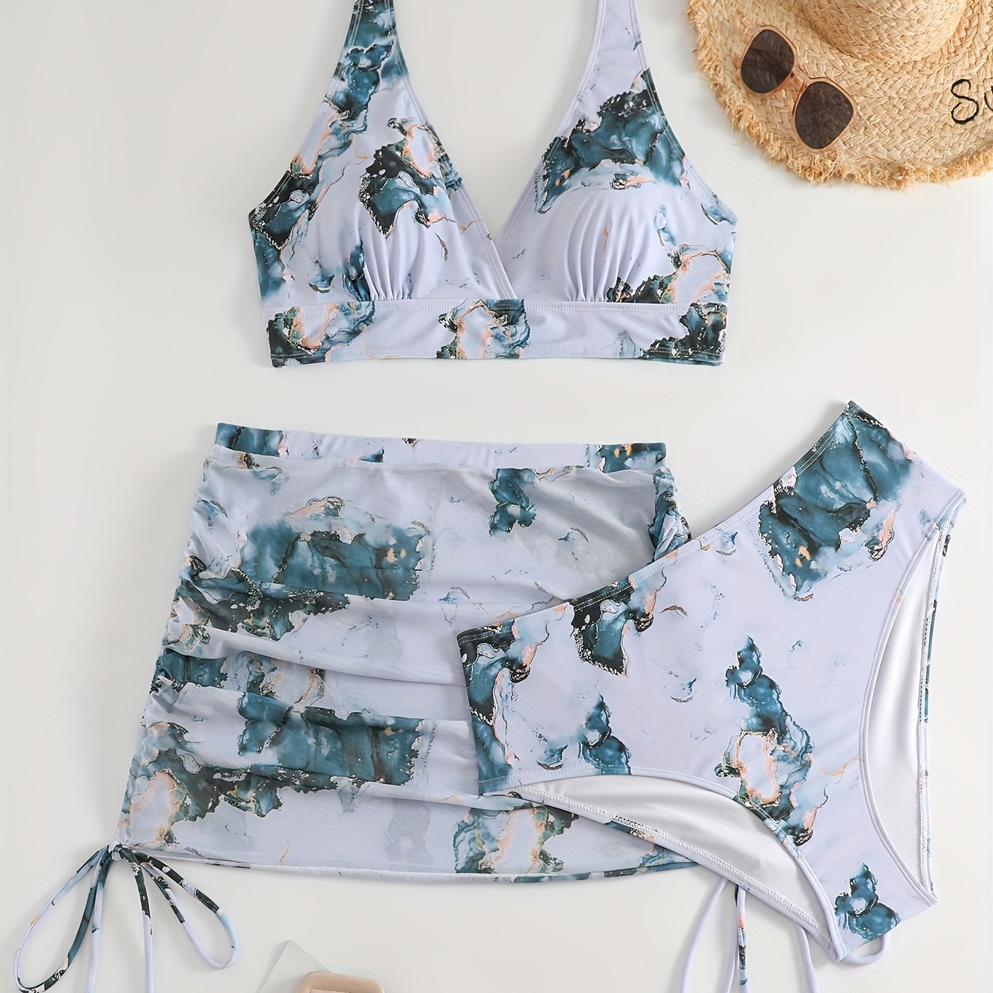 Marble Print Bikini Set with Lace Up Side Ruched Cover Up Skirt