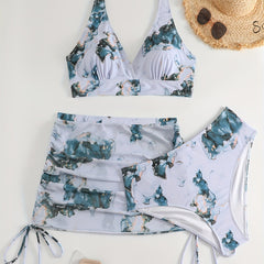 Marble Print Bikini Set with Lace Up Side Ruched Cover Up Skirt