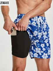 Men's 2 in 1 Sports Shorts, Fish & Floral Pattern, Gym Workout