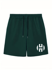 Men's H Print Workout Shorts Active Stretchable Sports Drawstring Shorts