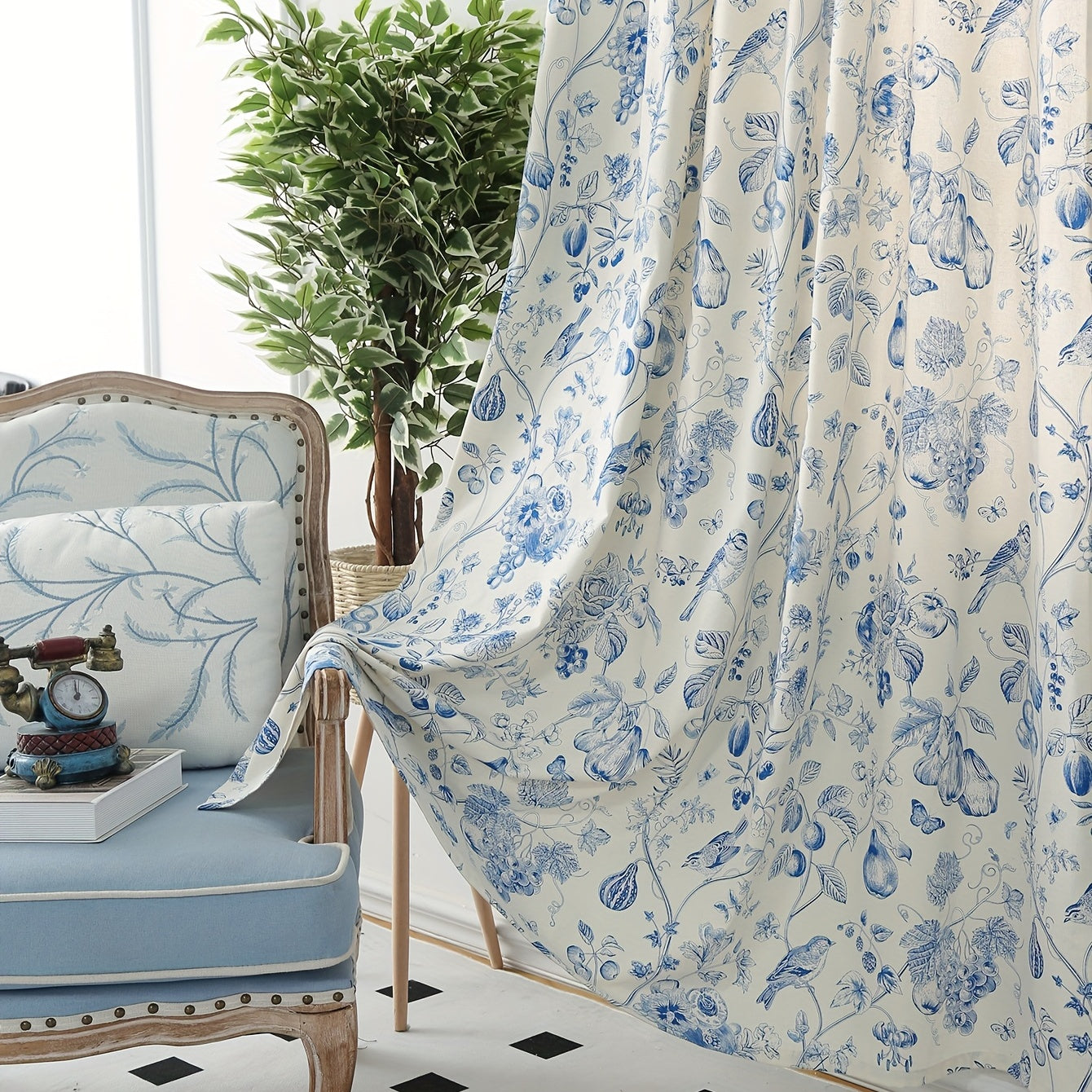 Bohemian Cream Twig Bird Floral Curtains Rod Pocket Curtain