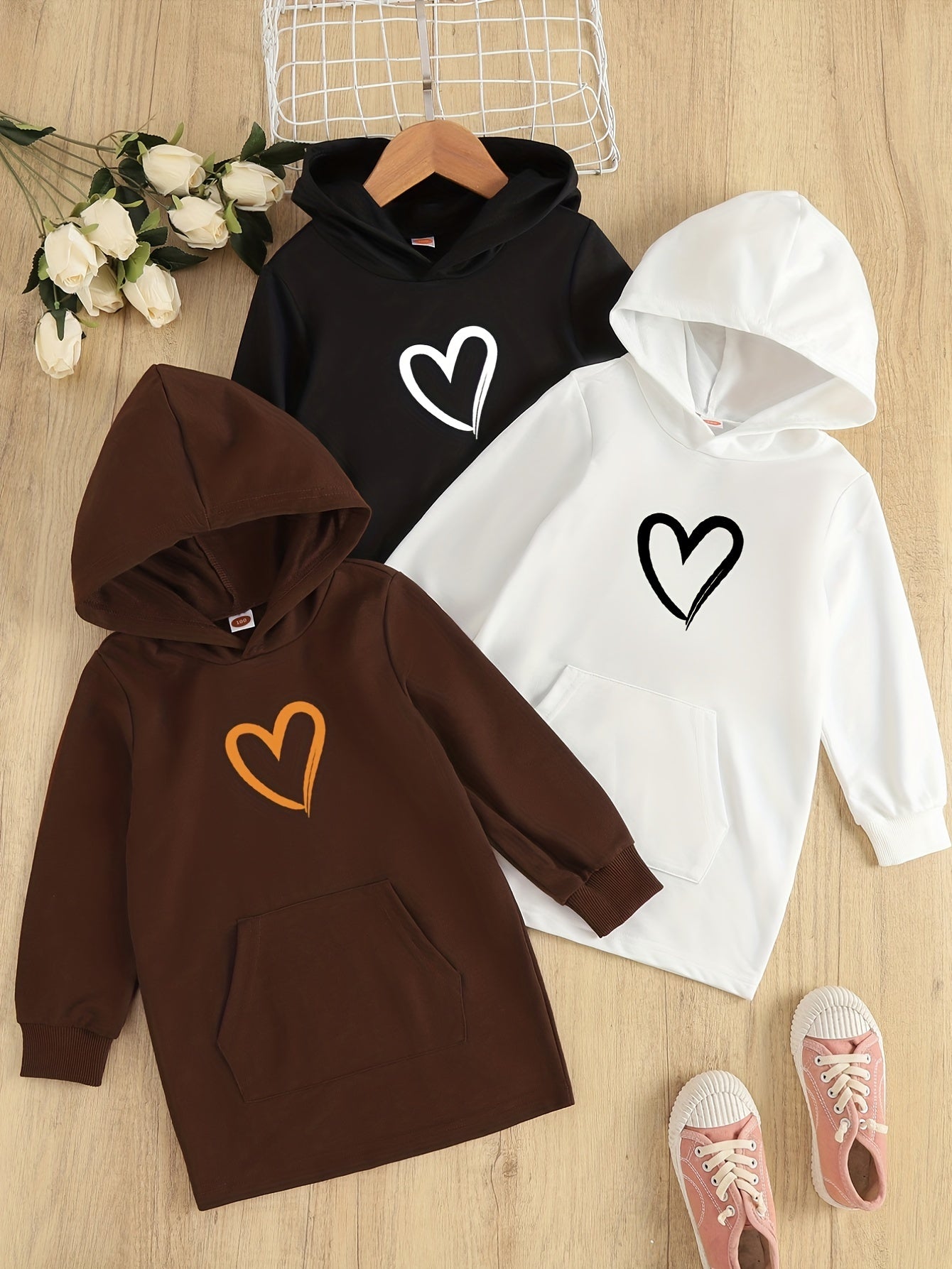 Heart Graphic Hooded Sweatshirt Dress For Girls