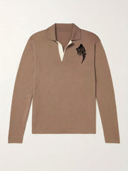 Men's Wing Pattern Knit Polo Shirt Stretch V Neck Sweater
