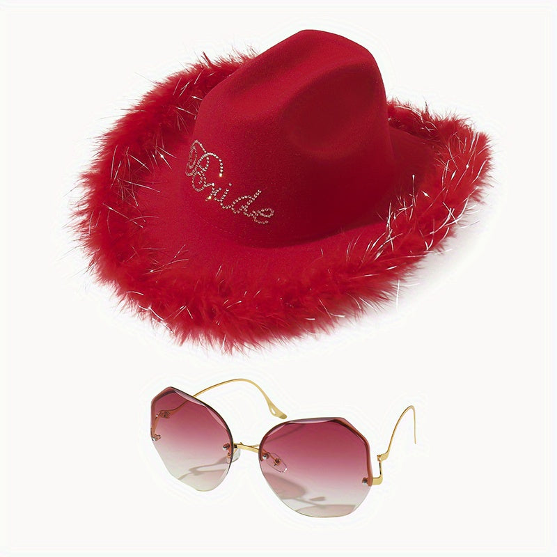 2pc Y2K Cowgirl Jazz Fedora Cap & Sunglasses Set, Musical Feather Hat