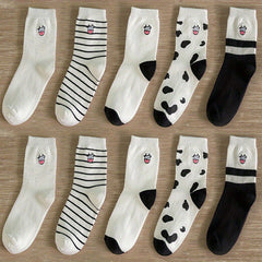 10 Pairs Cartoon Cow Print Socks Comfy & Striped Crew Socks