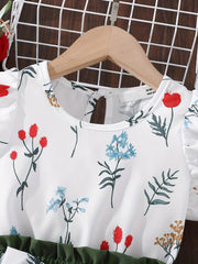 Girl's Floral Pattern Ruffle Sleeve Shirt & Belted Shorts Set