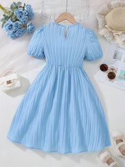 Kids Puffed Sleeve Square Neck Dress With Bow - Summer Princess