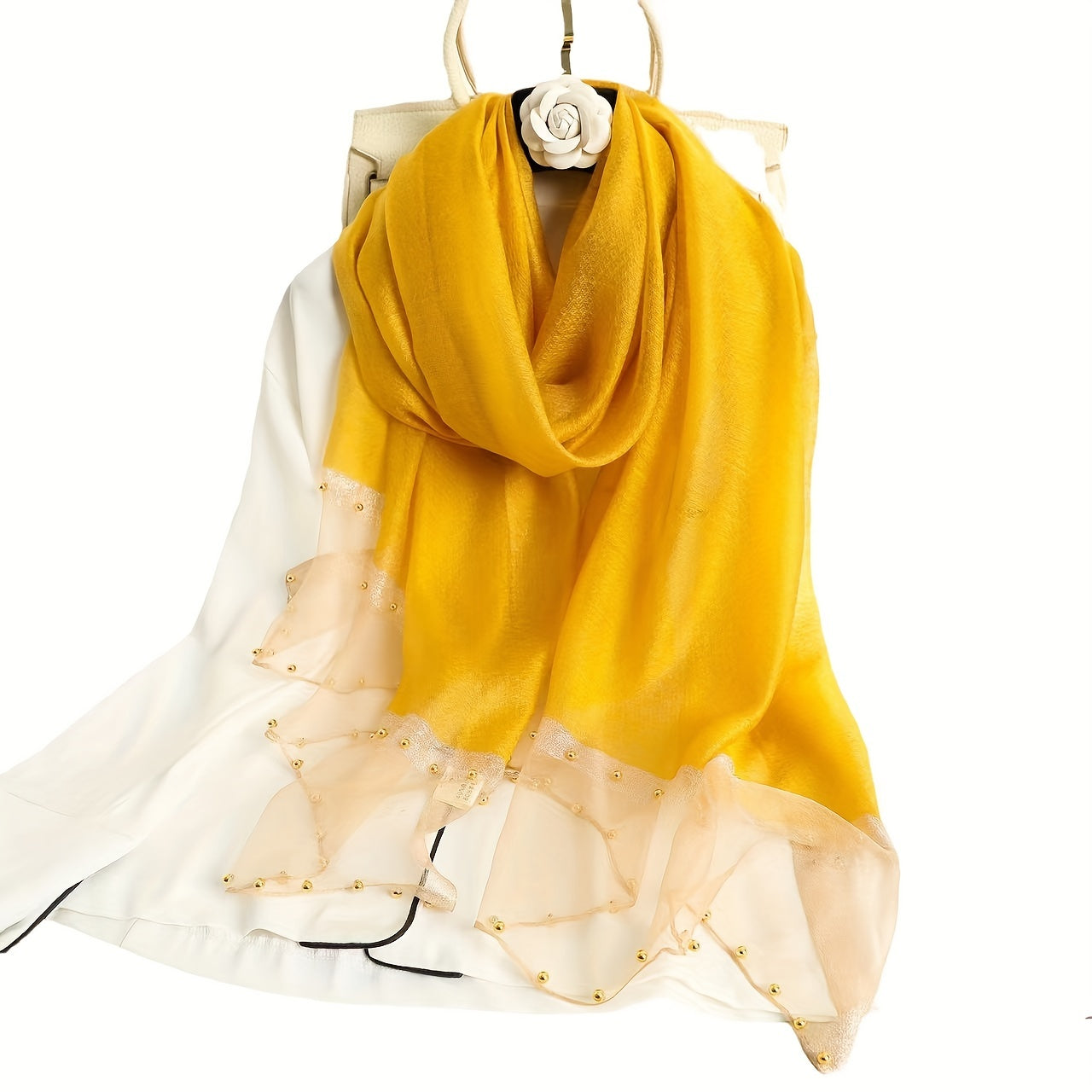 Beads Decor Thin Scarf Silk Women Shawl Mesh Stitching Warm Wrap