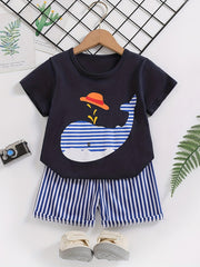 Boys Cartoon Whale Casual Outfit Round Neck T shirt & Striped Shorts