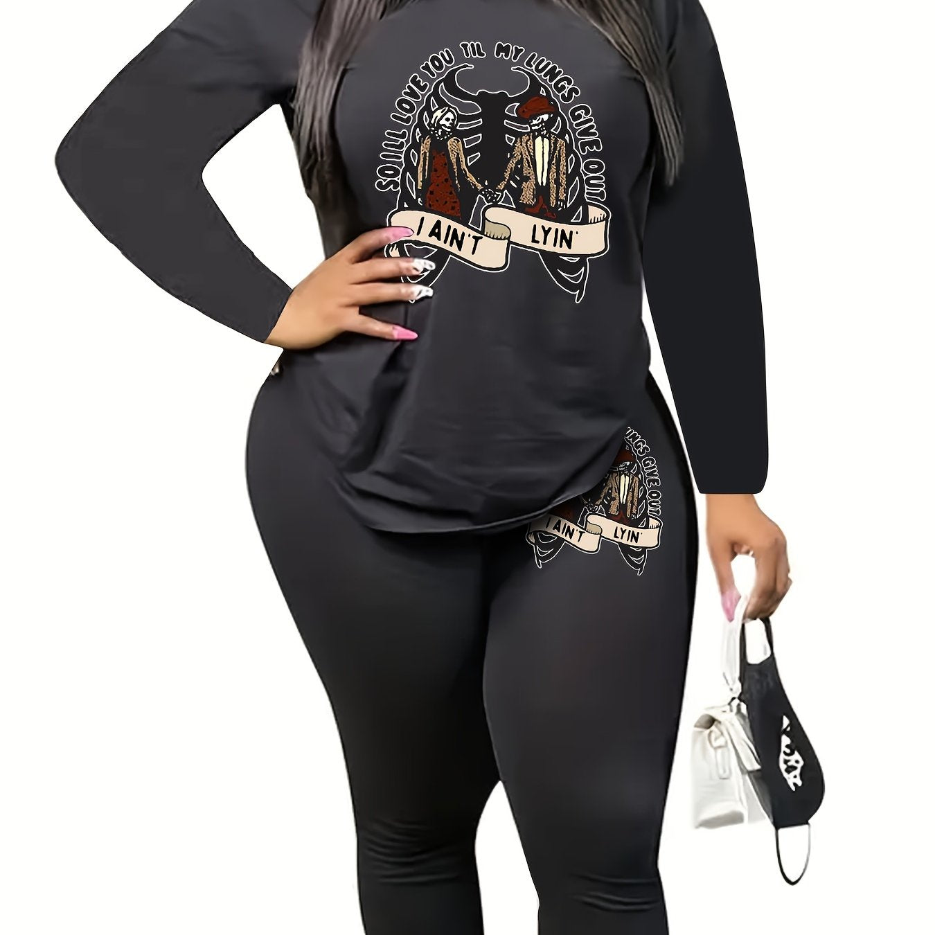 Halloween Outfits Women's Plus Skull Couple Print Top & Leggings Set