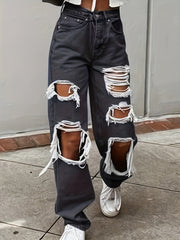 Distressed Ripped Hole Denim Pants Women's Loose Fit Straight Jeans