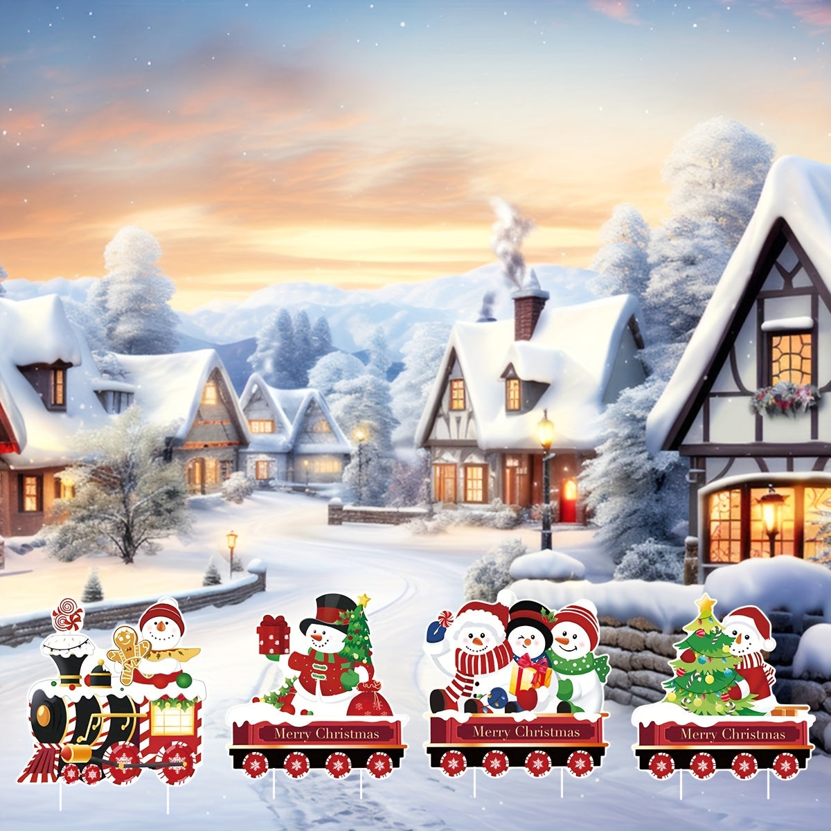 Christmas Train Yard Sign Santa Snowman Tree