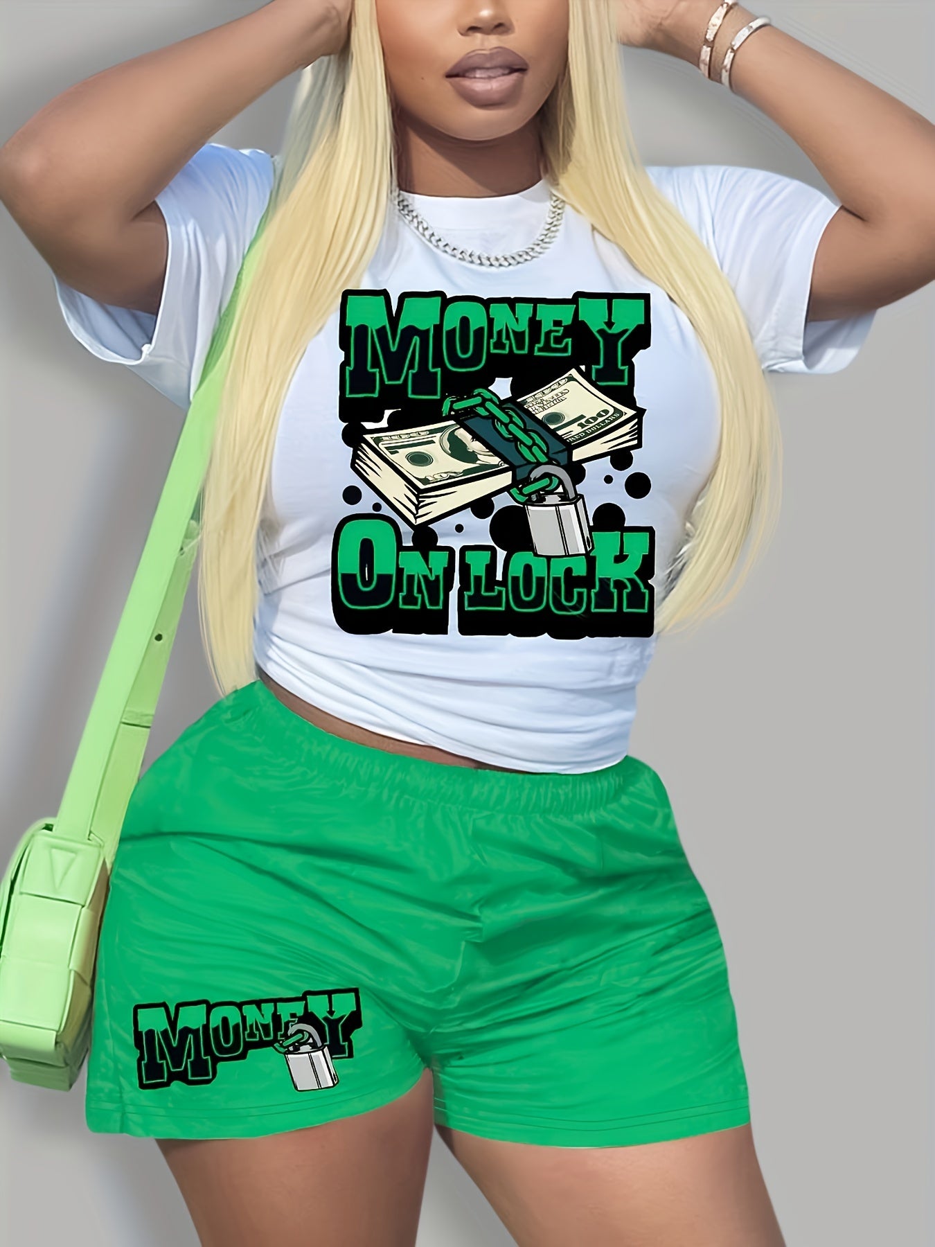 Graphic Print Short Sleeve Tee & Shorts Set Women's Plus Size 2pcs Set