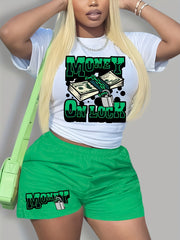 Graphic Print Short Sleeve Tee & Shorts Set Women's Plus Size 2pcs Set