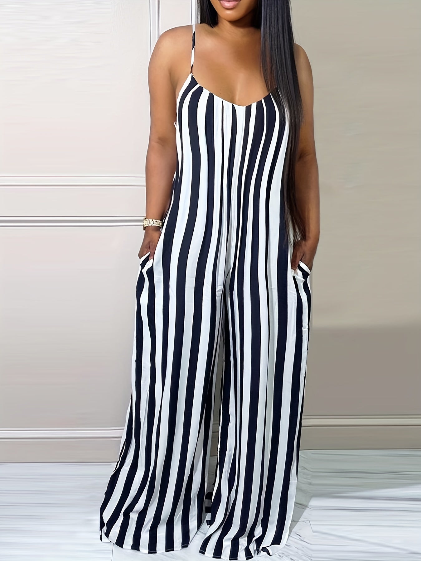 Stripe Print Cami Jumpsuit Spaghetti Strap Women's Clothing