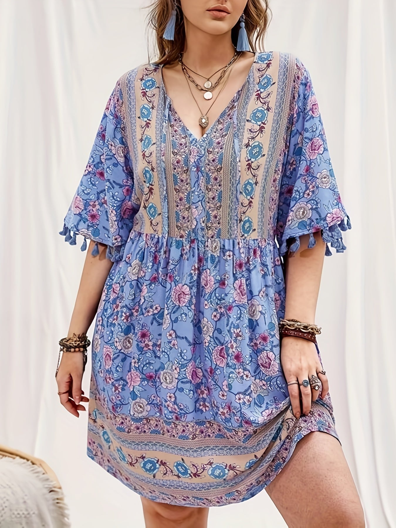 Plus Size Boho Dress Women's Plus Floral Print Short Sleeve