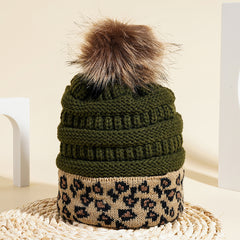 Leopard Fur Ball Beanie Women's Knitted Warm Hat Woolen Hat
