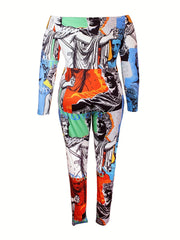 Sexy Jumpsuit Allover Print Off Shoulder Long Sleeve Stretch Jumpsuit