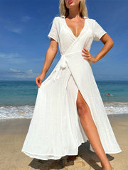 Tie Side Surplice V Neck Short Sleeve Cover Up Dress Solid Boho Maxi
