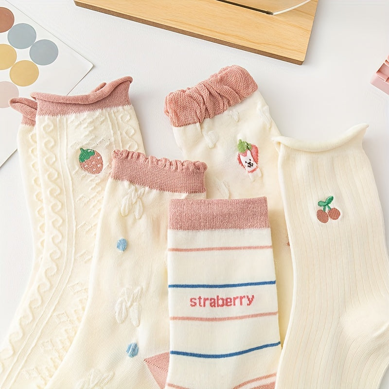 5 Pairs Fruit Print Socks Mid Tube Women's Stockings & Hosiery