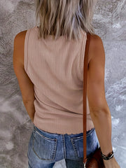 Ribbed Button Tank Top Sleeveless V Neck Casual Top