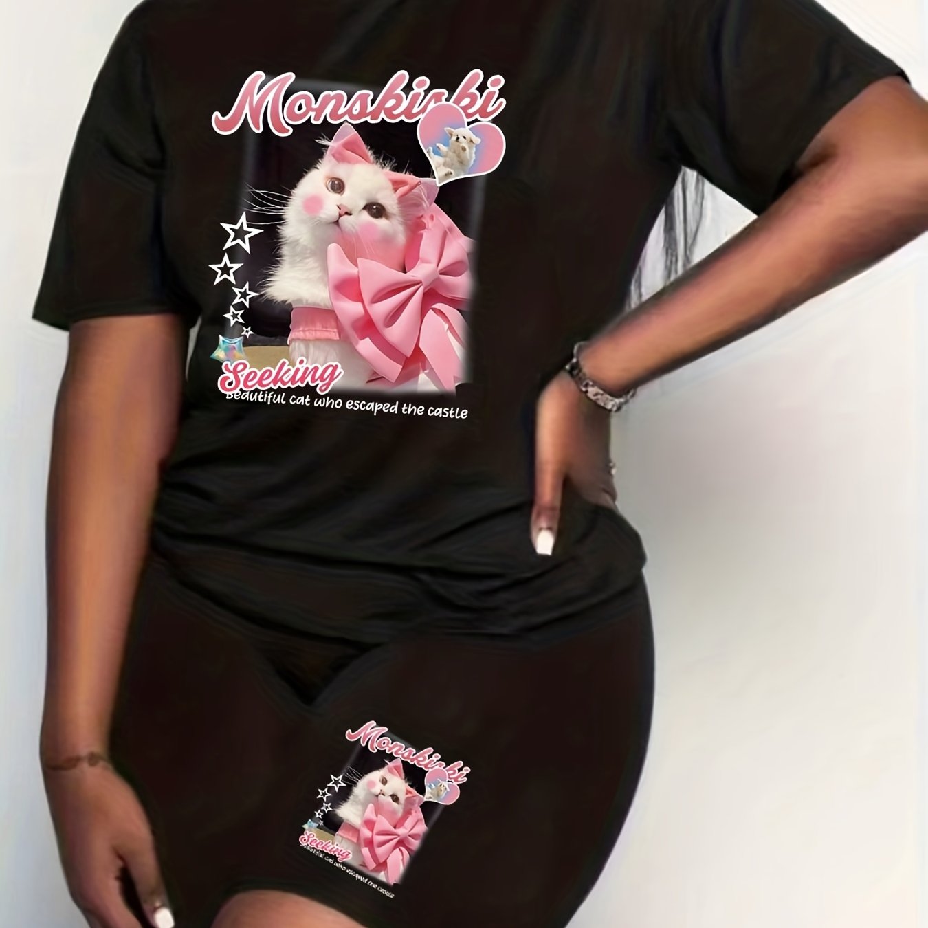 Cat & Letter Print Crew Neck Top & Shorts Set