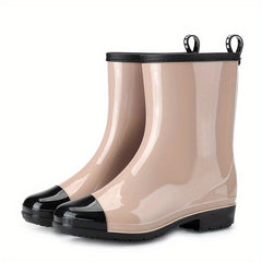 Women's Colorblock Rain Boots Waterproof Slip-on Mid Calf Boots