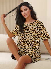 Leopard Print Pajama Set Crew Neck Short Sleeve Top & Shorts