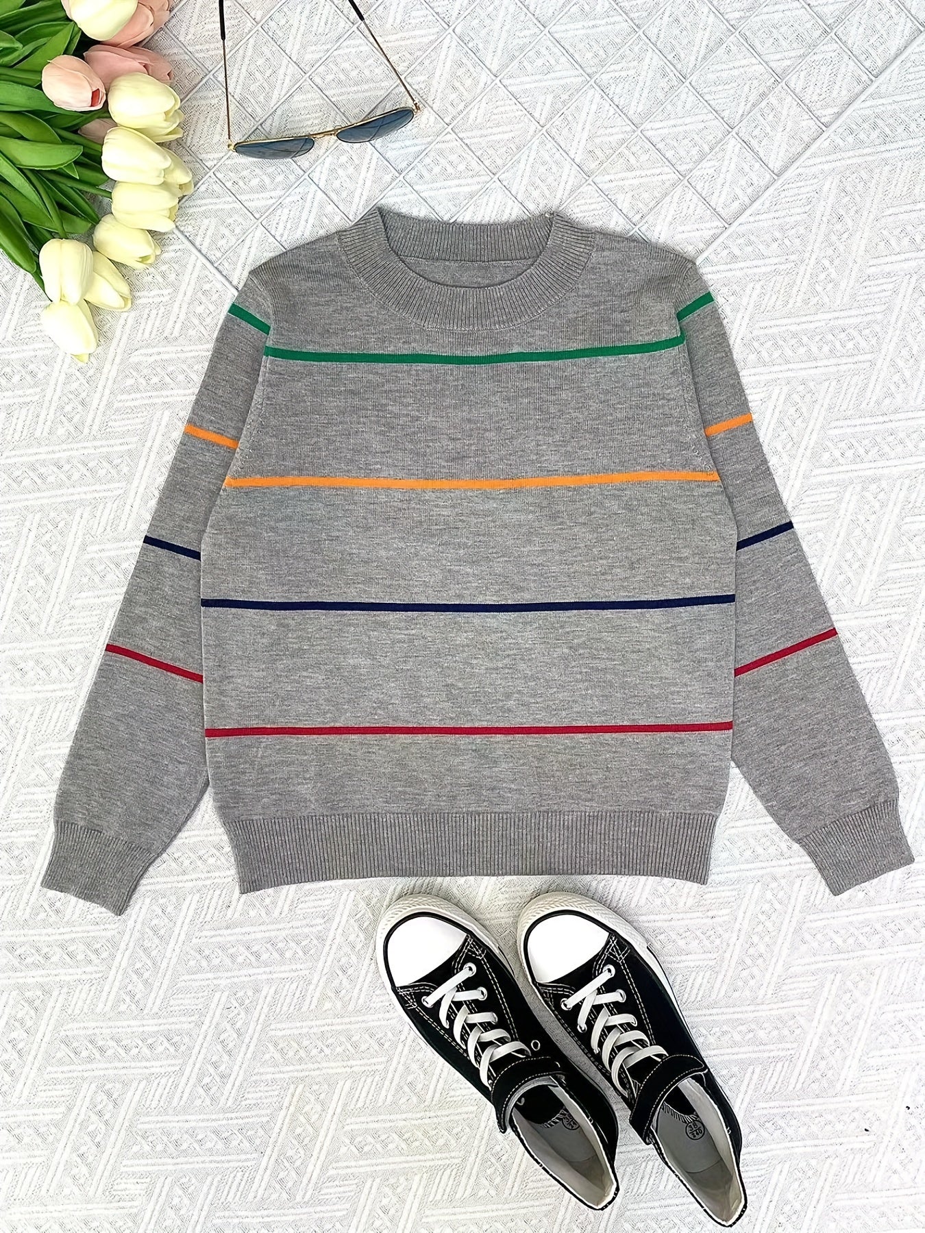 Boys Striped Block Sweater Round Neck Long Sleeve Pullover