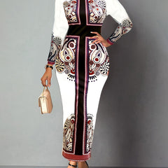Cross & Paisley Print Long Sleeve Maxi Dress