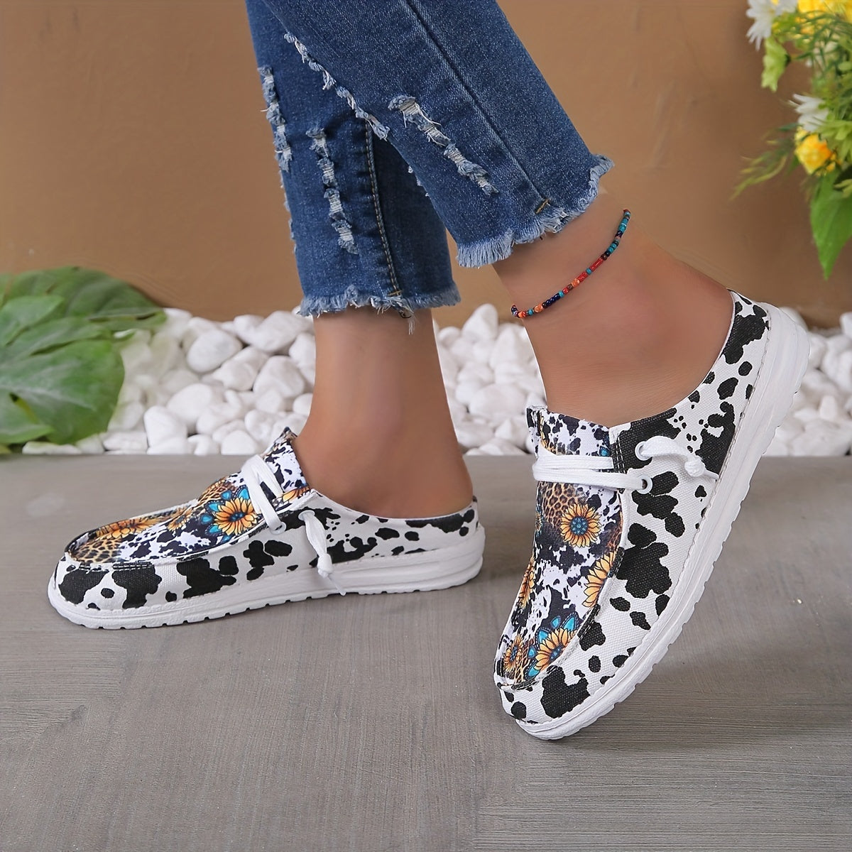Sunflower & Cow Pattern Mule Sneakers Lace Up Shoes