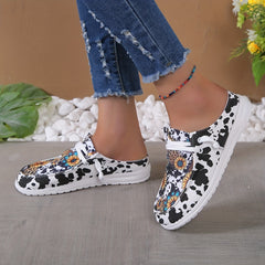 Sunflower & Cow Pattern Canvas Shoes Lace Up Flat Sneakers