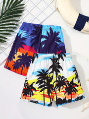 2pcs Boys Trees Print Shorts for Vacation Beach Kids Summer Clothes