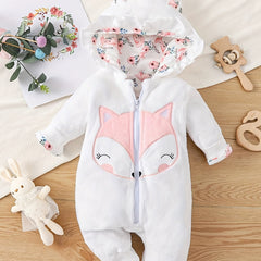 Plush Fox Printed Baby Girls Jumpsuit Hooded Zip Up Coat