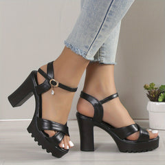 Women's Block Heel Sandals Ankle Buckle Strap Summer Cross Strap Heels