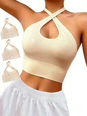 3pcs Solid Halter Tops Sleeveless Stretch Top Women's Lingerie