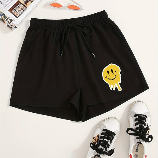 Smile Face Print Hotpants Yoga Drawstring Waist Shorts