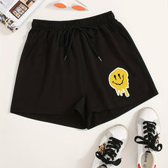 Smile Face Print Hotpants Yoga Drawstring Waist Shorts