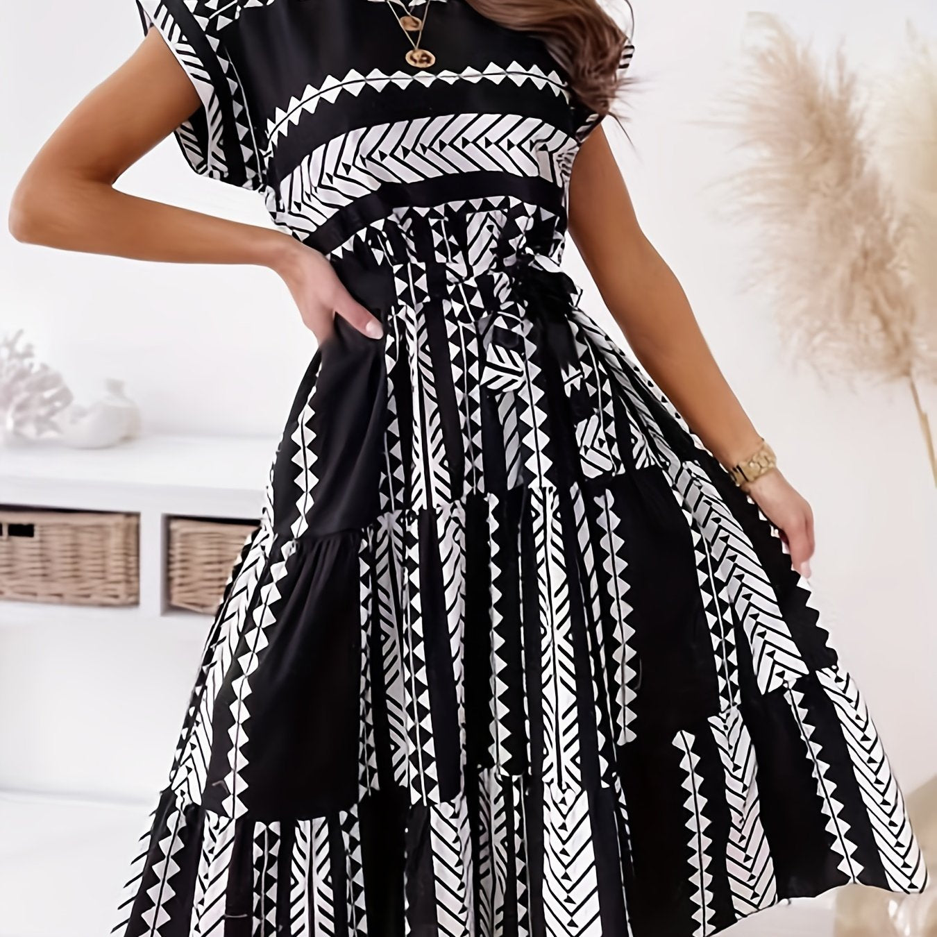 Ethnic Print Cap Sleeve Dress Crew Neck Midi Dress Women's Clothing