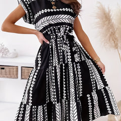 Ethnic Print Cap Sleeve Dress Crew Neck Midi Dress Women's Clothing