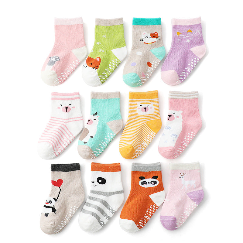 12 Pairs Baby Animal Print Crew Socks Non-Slip Cotton Toddler Socks