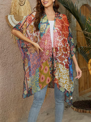 Boho Cover Up Women's Plus Floral Print Bat Sleeve Open Front