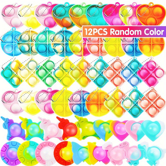 12 Mini Pop Fidget Keychains Assorted Colors Silicone Toys Party Favors