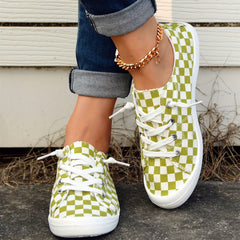 Green Checkerboard Walking Shoes Lace Up Casual Flat Sneakers