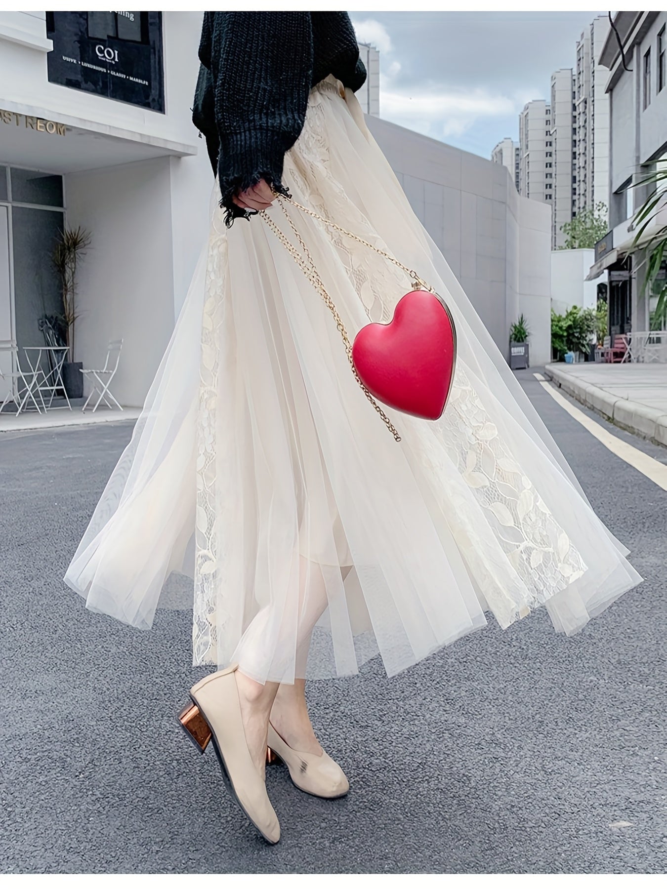 Lace Pleated Maxi Skirt with High Waist