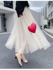 Lace Pleated Maxi Skirt with High Waist