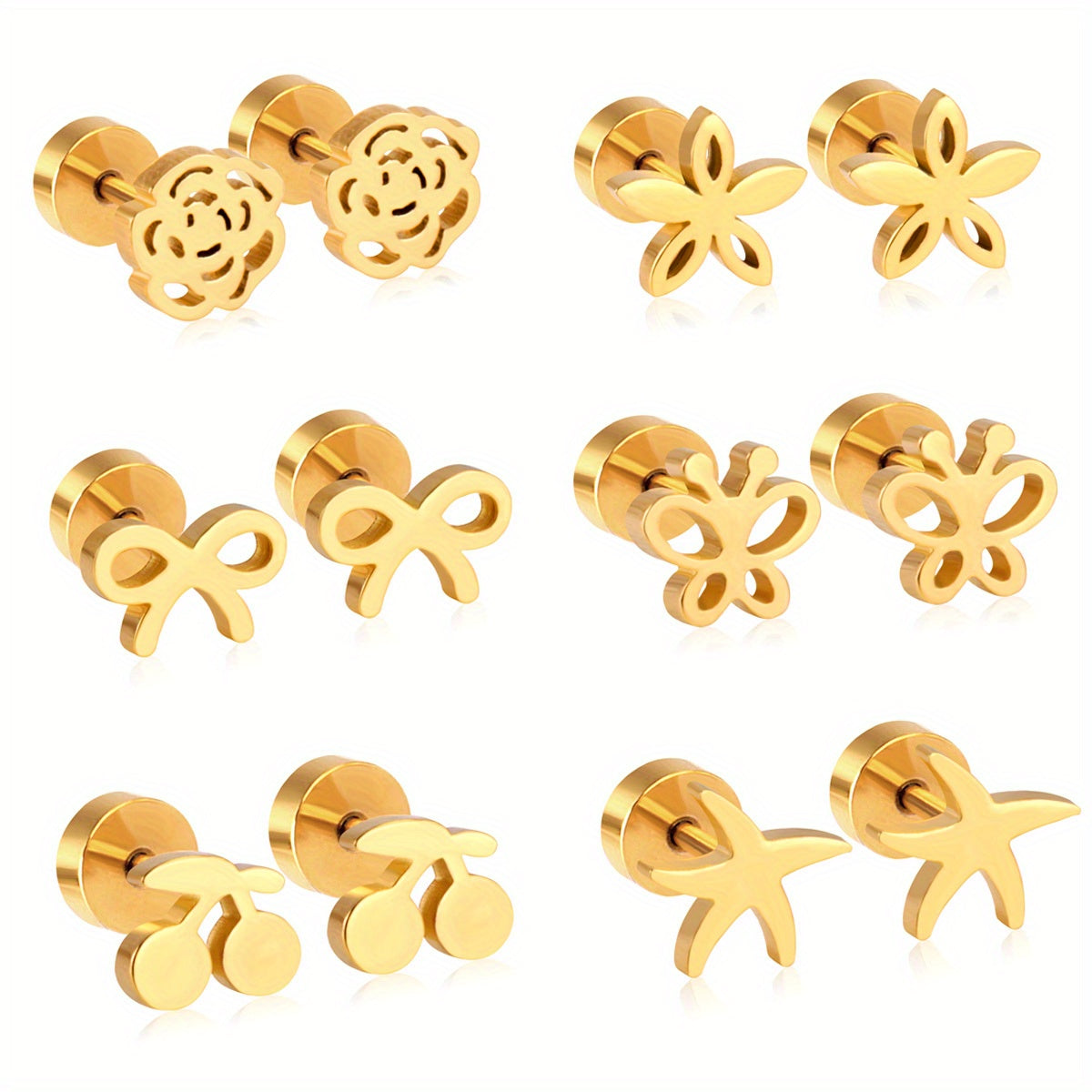 6pairs Butterfly Flower Cherry Bowknot Stud Earrings Golden Ear Jewelry