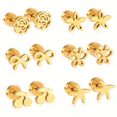 6pairs Butterfly Flower Cherry Bowknot Stud Earrings Golden Ear Jewelry