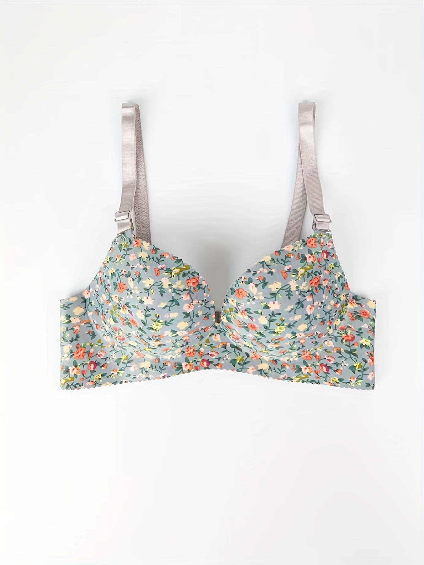 Floral Print Plunge Bra Scallop Trim Lingerie